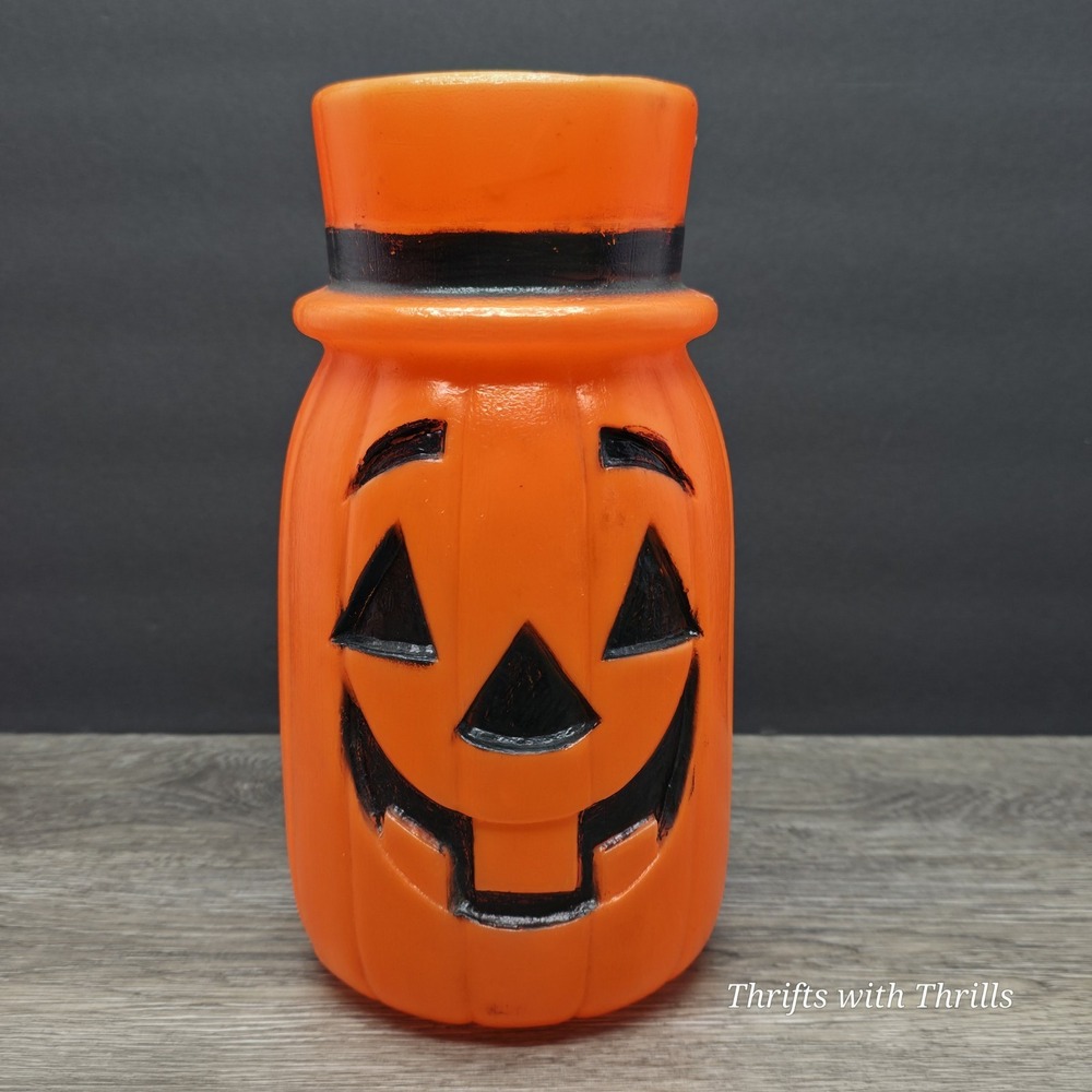 Vintage Halloween Pumpkin - Blow Mold Lighted w/ Top Hat - 11" Jack-O-Lantern!